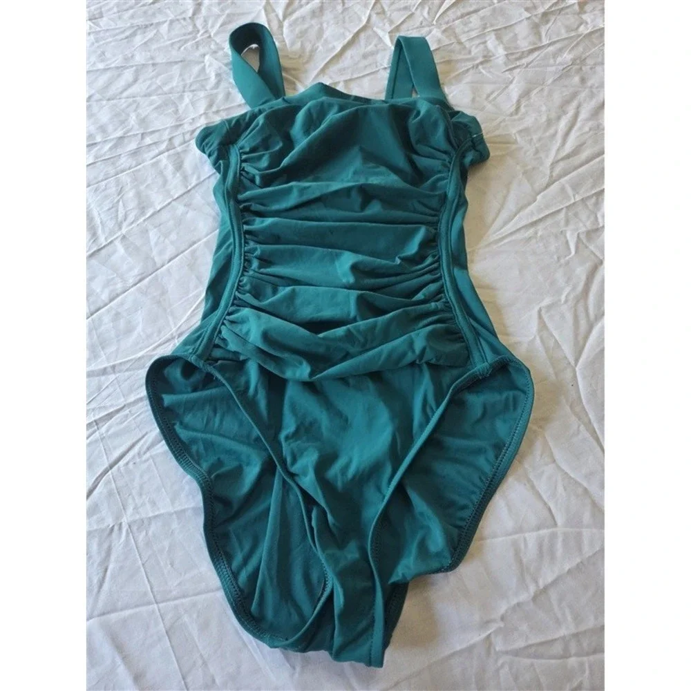 NWT Swim Solutions 8 Ruched Straight Neckline 1PC Teal Swimsuit 130389 - Picture 4 of 4